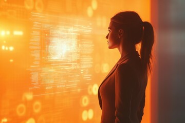 A woman in a business suit observes a futuristic, holographic display showing complex data streams and graphs.