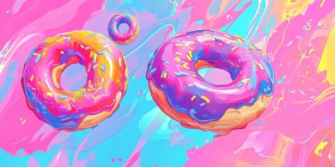 Colorful donuts floating in a vibrant abstract background filled with pink and blue swirls