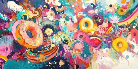 Colorful abstract mural featuring donuts and vibrant patterns at a local art installation in a city park