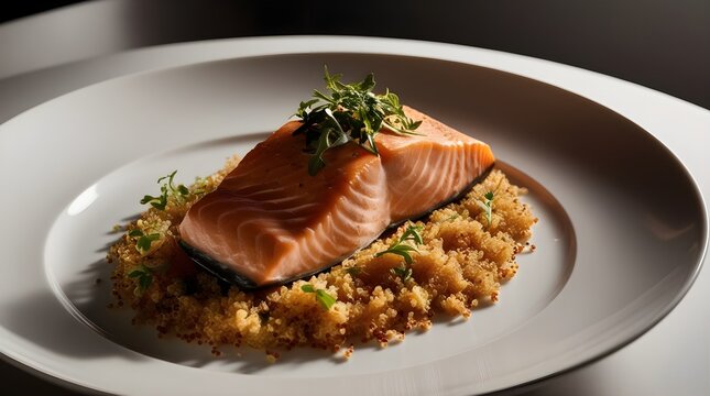 Salmon filet on a bed of quinoa sprinkled with herbs
