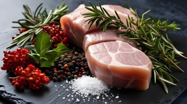 Fresh raw pork with rosemary, peppercorns, salt herbs and berries preparation for cooking