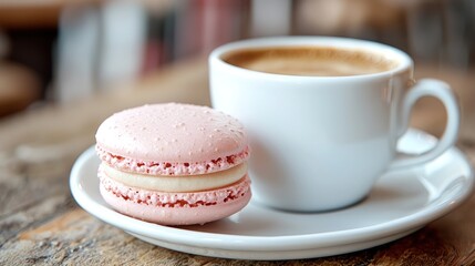 A delicate pink macaron beside a steaming cup of coffee on a rustic wooden table