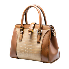 Elegant brown and beige leather handbag stylish womens fashion accessory on transparent background