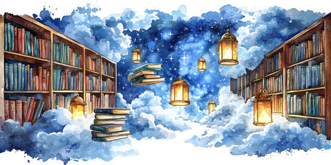 Dreamy_library:_bookshelves_and_floating_books_glow_amongst_clouds_and_stars.