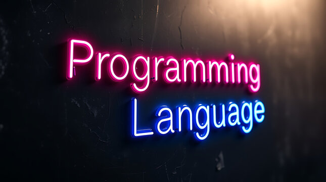 Programming Languages and High-Tech Development, coding, software development, neon sign, futuristic tech, programming concepts, JavaScript, Python, Java, C++, HTML, CSS, coding background.