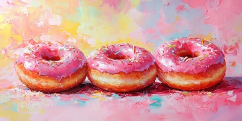 Obraz premium Colorful pink frosted donuts with sprinkles arranged in a row against a vibrant background