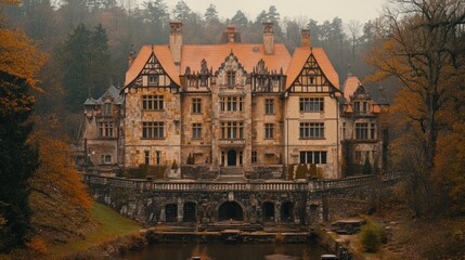 Autumnal Chateau, Forest Setting, Misty Day, Travel Brochure
