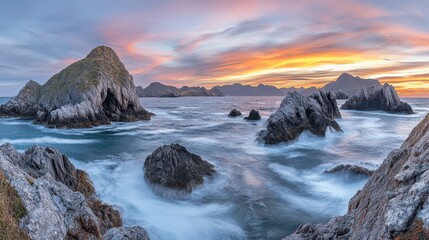 Obraz premium Powerful waves crashing against sharp jagged rocks, creating dramatic ocean spray.