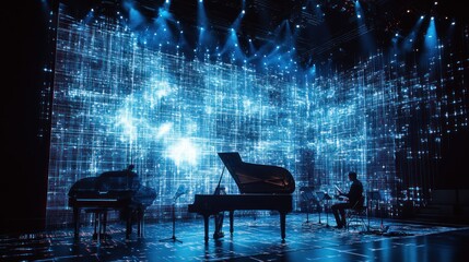 Digital Concert Piano Trio Performs on Stage with Data Visualizations