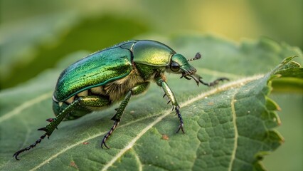 Naklejka premium Green Rose Chafer on Leaf: A vibrant green rose chafer beetle, showcasing its iridescent exoskeleton and spiny legs, crawls on a lush green leaf in a detailed macro shot. 