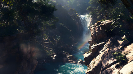 Obraz premium Enchanting Waterfall in Lush Rainforest with Rainbow