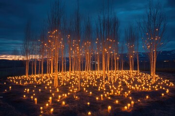 Twilight grove, candlelight installation, hills background, event decor
