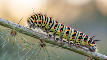 Naklejka premium Swallowtail Caterpillar Close-Up: A vibrant swallowtail caterpillar, showcasing its striking black, yellow, and green segmented body and delicate hairs, crawls along a slender branch. 