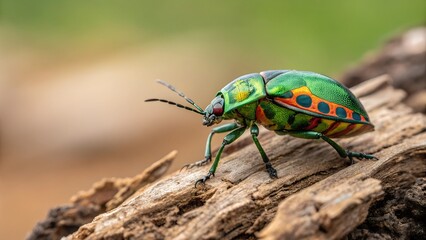 Fototapeta premium Jewel Beetle Close-Up: A vibrant green jewel beetle with striking red and orange markings perches on a weathered log, its iridescent exoskeleton catching the light in a mesmerizing display. 