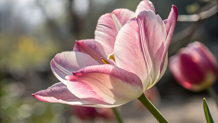 Fototapeta premium Close-up of a pink and white tulip with wavy petals, partially open, against a softly blurred green background Generative AI