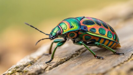 Fototapeta premium Jewel-toned Beetle: A vibrant, iridescent beetle with striking green, orange, and black markings crawls on a weathered wooden surface.