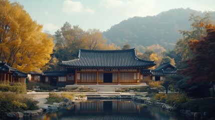 Naklejka premium Autumn Temple Pond, Mountain Landscape, Serenity, Asian Architecture, Travel Poster