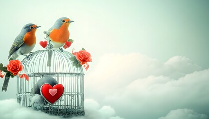 Two Robins Resting on a Birdcage with Roses and Hearts