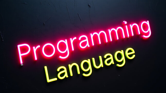 Programming Languages and High-Tech Development, coding, software development, neon sign, futuristic tech, programming concepts, JavaScript, Python, Java, C++, HTML, CSS, coding background.