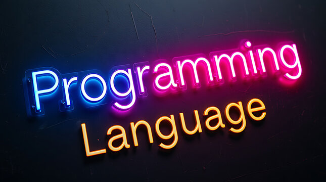 Programming Languages and High-Tech Development, coding, software development, neon sign, futuristic tech, programming concepts, JavaScript, Python, Java, C++, HTML, CSS, coding background.