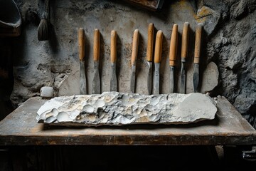 Stone carving tools arranged on workshop bench, rough stone slab, rustic background
