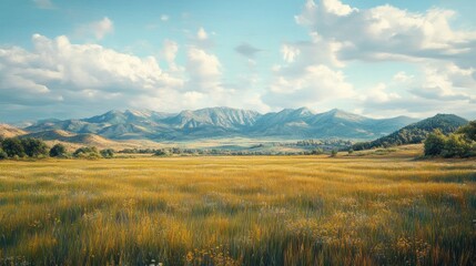 Golden Meadow, Mountain Vista, Sunny Day, Peaceful Landscape, Travel Brochure