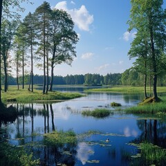 Fototapeta premium Calm lake, forest reflection, sunny day, nature scene, peaceful background, idyllic landscape