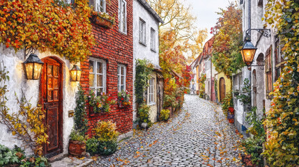 Cobblestone_street_view_with_charming_European-style_houses,_autumn_leaves,_and_warm,_inviting_lantern_light.
