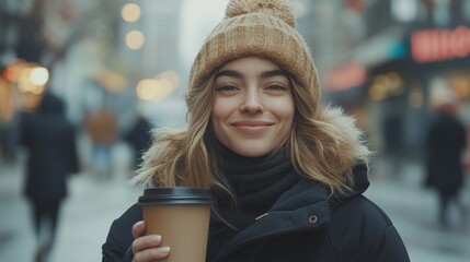 Smiling woman in winter city holding coffee.