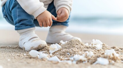 Baby playing with seashells on a sandy beach during a sunny day with ocean waves