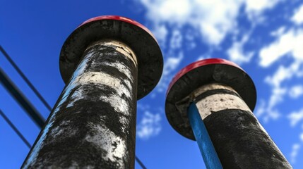 Fototapeta premium Close-up of two weathered poles against a blue sky with clouds.