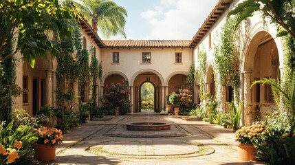 Fototapeta premium Sunny Mediterranean courtyard garden villa, fountain, plants