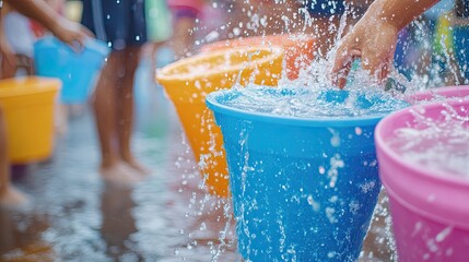 Splashing water in colorful buckets during a summer water festival celebration