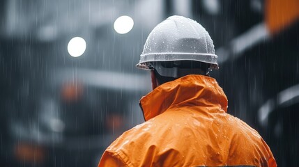 Construction worker in orange raincoat and hard hat working in the rain at a construction site