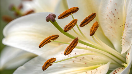 Close-up of a white lily with delicate petals, green stamens, brown pollen sacs, and a purple anther against a blurred green background Generative AI