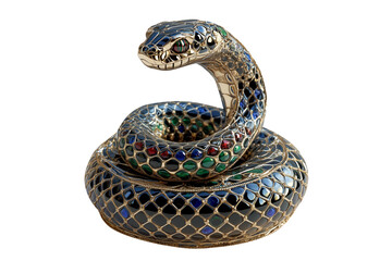 Fototapeta premium Elegant emerald snake sculpture with mosaic patterns and blue gemstones isolated on white transparent background, reptiles or wildlife, symbolizing Chinese Lunar New year