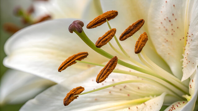 Close-up of a white lily with delicate petals, green stamens, brown pollen sacs, and a purple anther against a blurred green background Generative AI