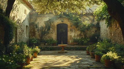 Fototapeta premium Sunlit stone courtyard, plants, old building, morning mist, tranquil garden