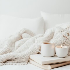 Two white mugs on a bed with a book and a plant for a cozy self-care night setting