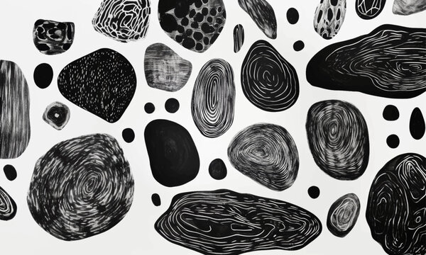 Linocut style organic shape texture pattern background vector, black and white abstract shapes.