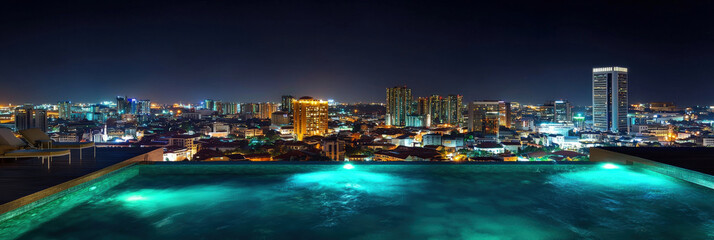 Fototapeta premium Cityscape_glows_at_night,_reflected_in_a_turquoise_pool,_creating_a_blurry_and_dreamy_panorama.