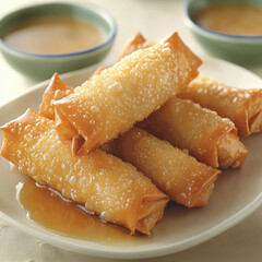 Crispy_golden_pastries_arranged_on_a_plate,_drizzled_with_sauce,_accompanied_by_dipping_sauces_in_separate_dishes.