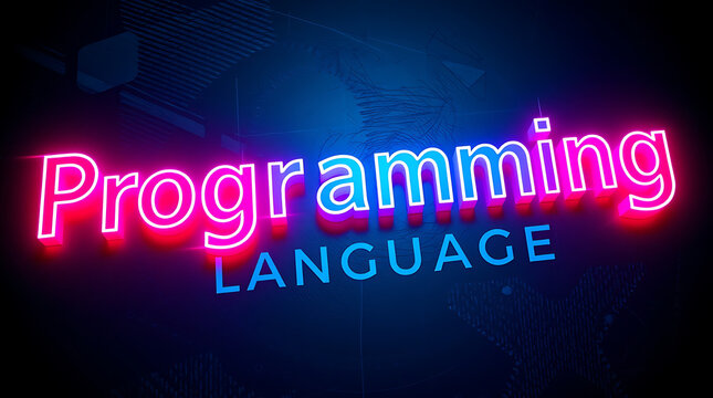 Programming Languages and High-Tech Development, coding, software development, neon sign, futuristic tech, programming concepts, JavaScript, Python, Java, C++, HTML, CSS, coding background.