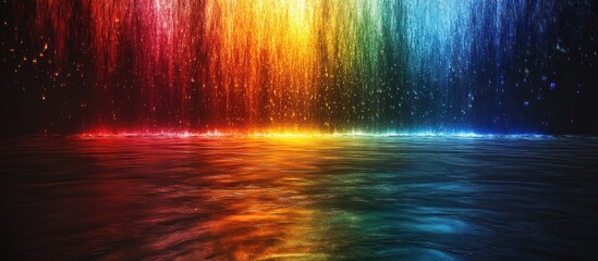 Rainbow waterfall backdrop, dark water reflection, vibrant cosmic dust