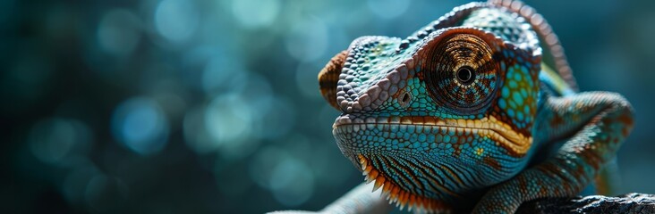 Fototapeta premium A close-up photograph of a chameleon, taken in a natural setting with a blurred background of colorful, leafy plants. the image is taken from a close up camera angle, focusing on the chamaleon's face.