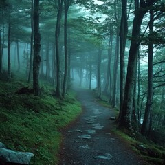 Fototapeta premium Misty forest path winding uphill, background mountains, nature serenity
