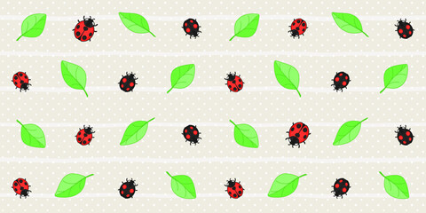 Green leaves and red and black ladybird on a beige background with polka dots and stripes. Cute endless texture with funny insect and foliage. Vector seamless pattern for giftwrap and surface texture
