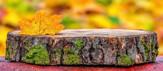 Autumn leaf on mossy wood slice, fall backdrop, product display