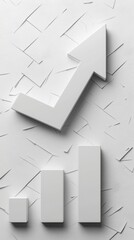 Analytical decorative background - 3D white chart with a massive curved upward arrow on a textured abstract background (financial analytics, empty space for text)