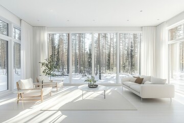 Serene Minimalist Living Room with Winter Forest View